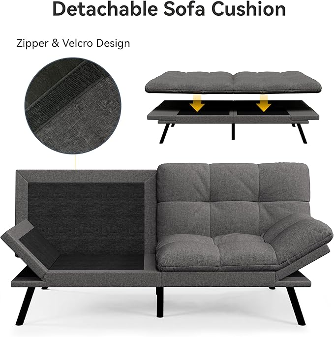 Vipbear 71 Convertible Futon Sofa BedLinen Fabric Futon Couch with Detachable CushionAdjustable Backrest &amp ArmrestModern Loveseat Sleeper Recliner for Living RoomOfficeApartmentGrey