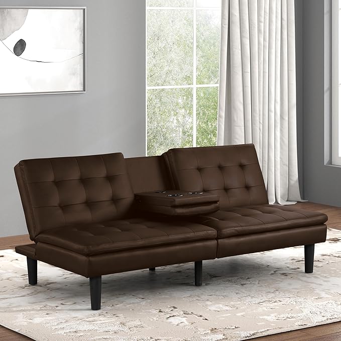 Furniture of America Fallein Modern Contemporary Wood 71.5-inch Futon Sofa Bed with Drop-Down Table Cup Holders USB-A Charger Biscuit Tufting for Bedroom Guest Room Brown