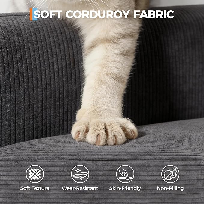 IDEALHOUSE Modern 86 Corduroy Sofa with 2 Throw Pillows Deep Seat Couch with Upholstered Cushion &amp Removable CoverComfy Corduroy Sofa Couch for Small Space Apartment Lounge Grey