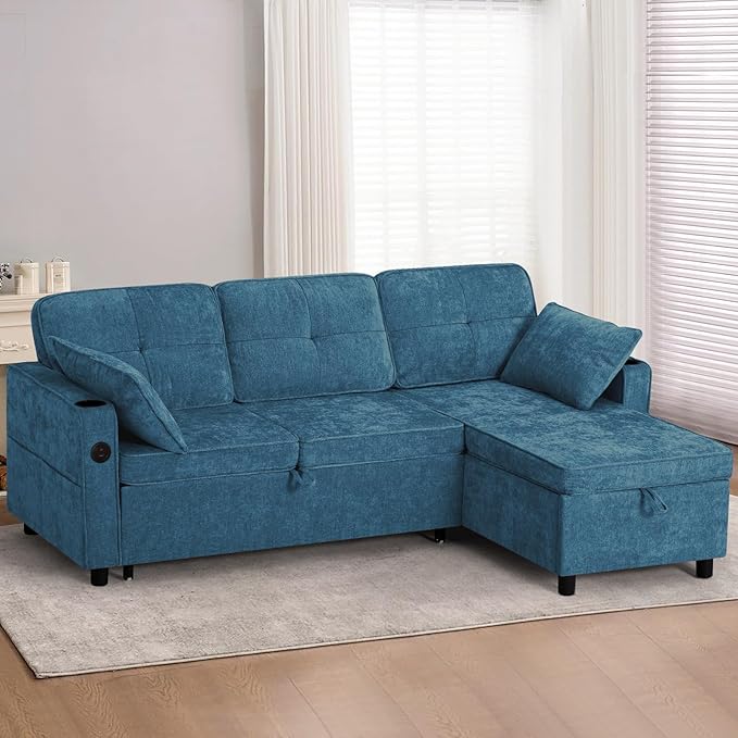 84 Inches L Shaped Sofa w/Adjustable Back &amp Pull-Out Sofa Bed Chenille Tufted Sectional Couch w/Storage Chaise &ampUSB Charging Port Modern Sleeper Couch w/Cup Holders for Living Room Blue