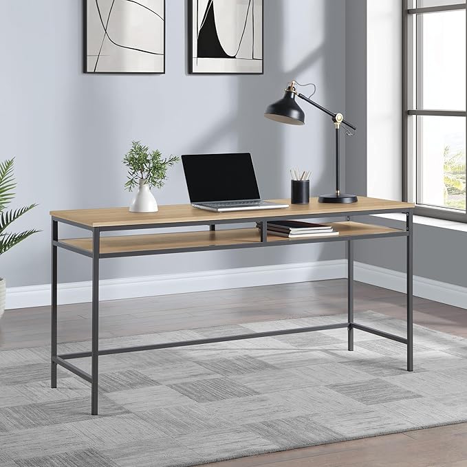 OSP Home Furnishings Modern 60-inch Woodgrain Top Multipurpose Desk Table Graphite Grey Metal Frame with Oak Top Finish