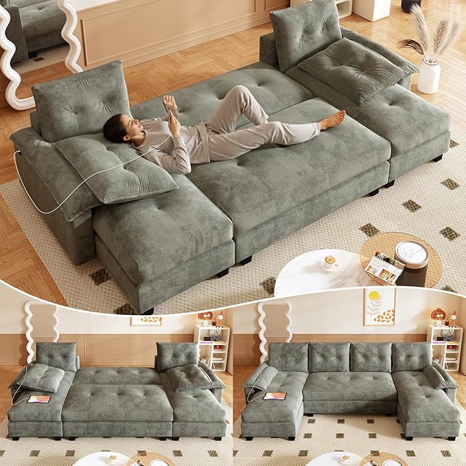 104.7 Modular Sectional Couch Convertible U Shaped Couch with Pull Out Bed Comfy Sleeper Sofa with Removable Armrests &amp USB Ports Modern Sectional Couches for Living Room Light Grey
