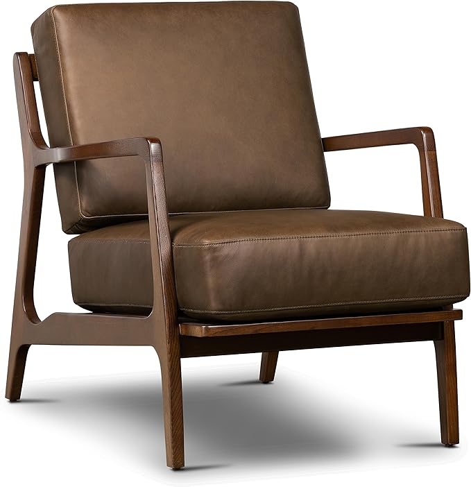 Poly &amp BARK Verity Leather Accent Chair – Armchair with Walnut Wood Frame – Fashion-Forward Lounge Seating for Living Room – Upholstered in Cocoa Brown Leather for Modern Style