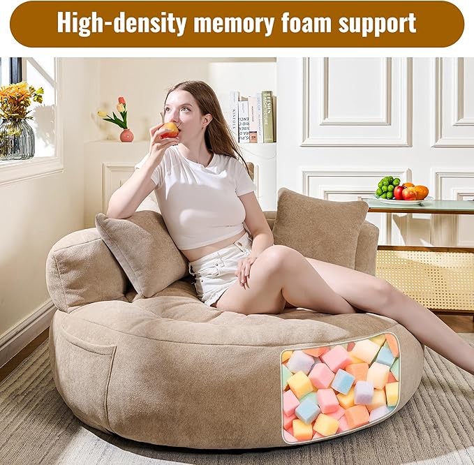 50 Bean Bag Chair with 3 Pillows Oversized Round Chaise Longue Chair Indoor No Assembly Couch Ultra Soft Faux Fur Floor Sofa Chair for Living Room Bedroom Apartment Office Khaki
