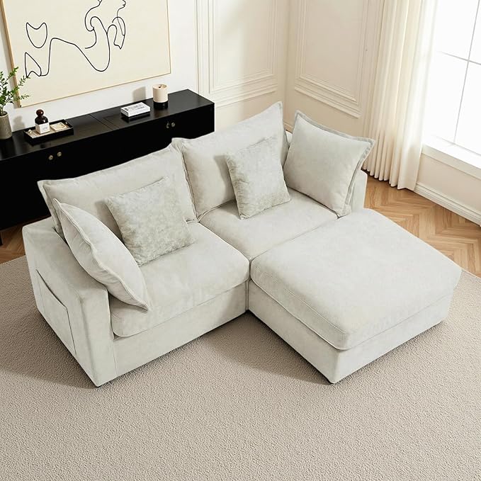 83 Modular Sectional Sofa L Shaped Couch Set for Living Room Down Filled Cloud Couch with Storage Ottoman 2 Seater Loveseat Deep Seat Sofa Chenille Beige