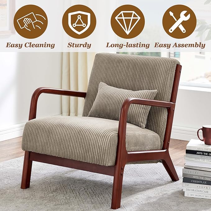 Midcentury Modern ChairWooden Accent Chair with PillowCorduroy Arm Chair for Living RoomBedroomSmall Rooms (Camel)