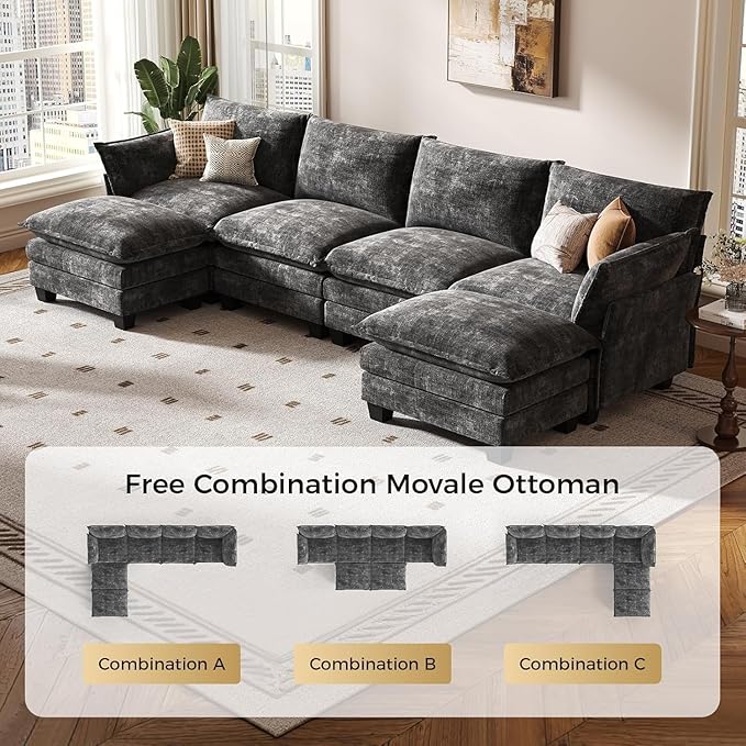 KKL 120 Modular Sectional Sofa for Living Room U-Shaped 6 Seater Convertible L-Shaped Cloud Couch with Ottoman Chenille Modern Sectional Couches for Living Room Apartment Grey