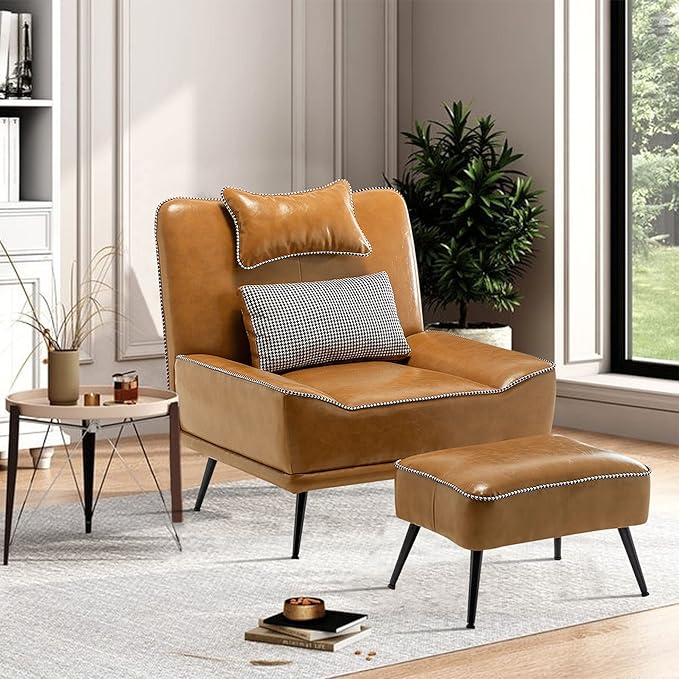 ALISH Modern Accent Chair with Ottoman Upholstered Chair and Ottoman Set Comfort Single Sofa Chair with Removeable Cushion for Living Room Bedroom (PU Brown)