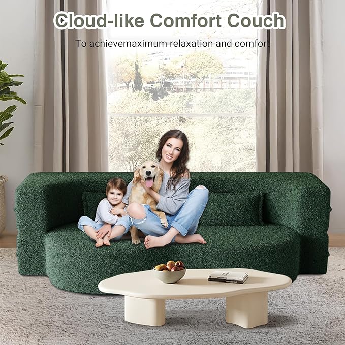 78 Convertible Folding Sofa Bed 2-in-1 Full Size Floor Boneless Couch Bed Loveseat sleeper Couch  Teddy Floor Sofa Memory Foam Sleeper SofaBed Small couches for small spaces No Assembly (Green)