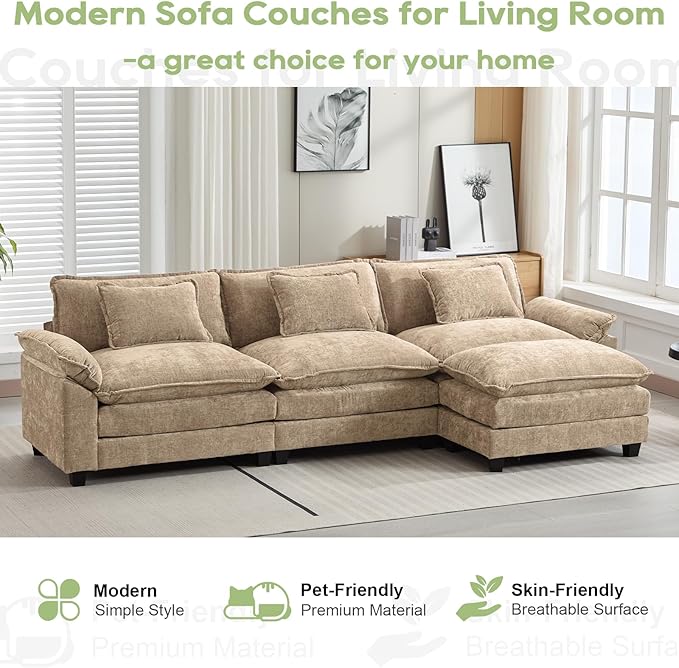 120 Modular Sectional Sofa Comfy Cloud Couch Sectional Sofa with Ottoman Chenille Sofa Sleeper Deep Seat Sofa with Throw Pillows for Living Room (Khaki 120- L Shape)