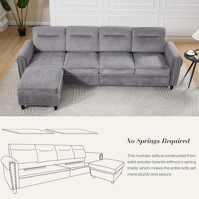 ABET 106 Inch Modular L-Shaped Sectional Couch with Ottoman 4 Deep Seat Convertible Sofa with Ottoman Nailhead Decor Comfy Upholstered Large Cushion for Living Room Bedroom Apartment Grey