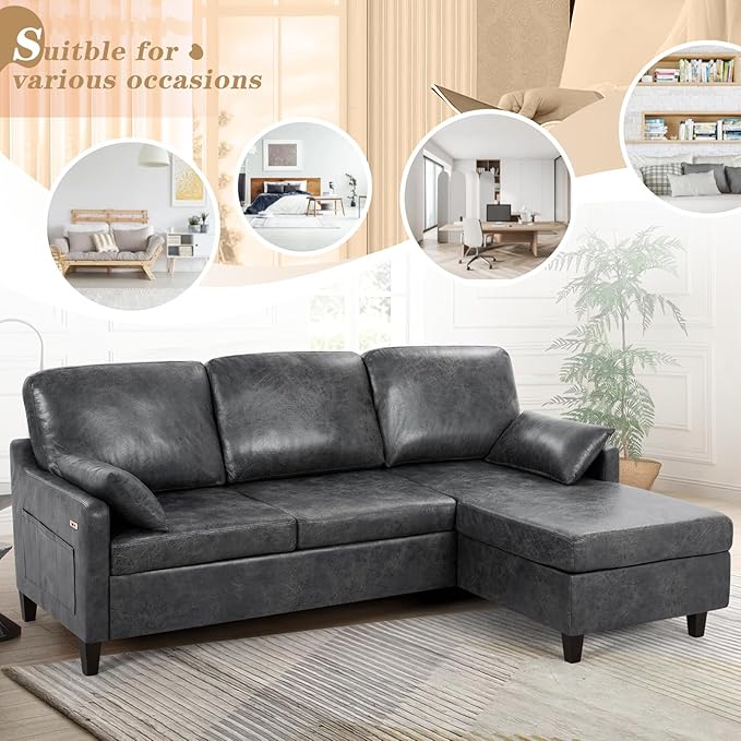 76 Sectional Sofa Couch with Reversible Chaise Suede Leather L Shaped Sofa w/USB Charger Ports &amp Storage Bag Convertible Modern Couch w/Storage Space for Living Room Small Space Grey