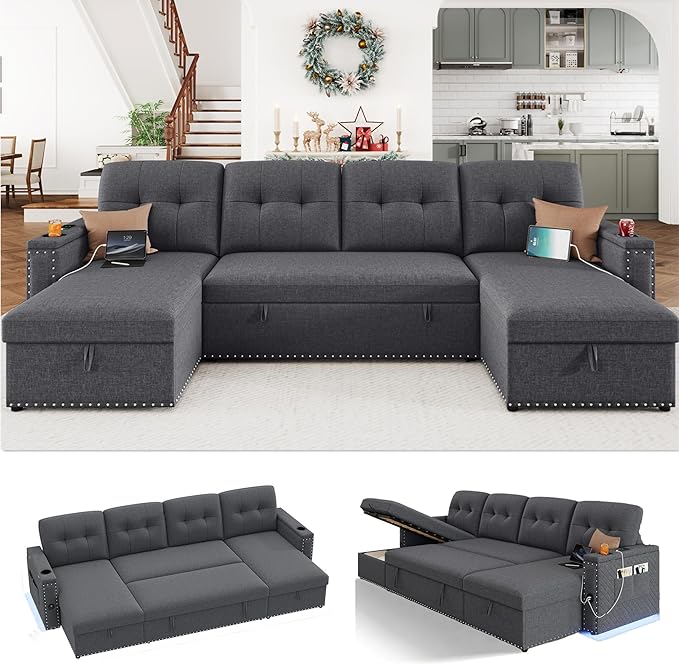 HIFIT 106 Sectional Couches for Living Room- Pull Out Sleeper Sofa Couch w/Storage ChaiseStorage ArmrestLED Light&ampUSB Port&ampCupholder Modern Linen U Shaped Home Sofa Living Room Furniture S