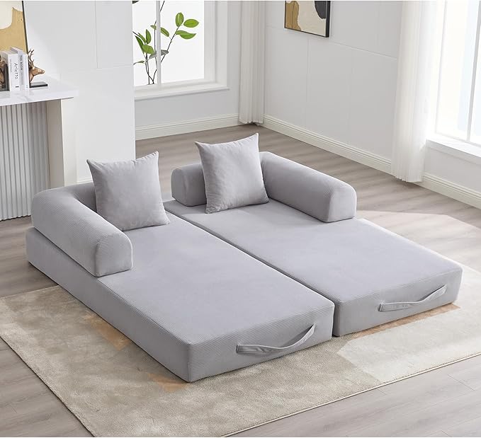 Convertible Sleeper Sofa Bed with Fixed-Shape Frame Modern Corduroy Folding Boneless Couch with 2 Pillows Comfy Floor Sofa Couch for Living Room No Assembly Required (Light Grey)