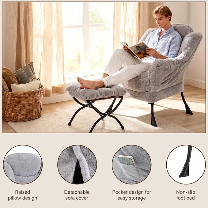 Welnow Lazy Chair with Ottoman Modern Accent Chair with Armrests and a Side Pocket Leisure Sofa Armchair Reading Armchair with Footrest for Small Space Plush Grey
