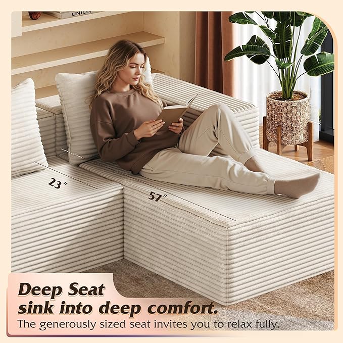 WLIVE 104'' Cloud Sectional Couches for Living Room Modular Boneless Couch with Left Facing Chaise L Shape Memory Foam Corduroy with Cushion Beige