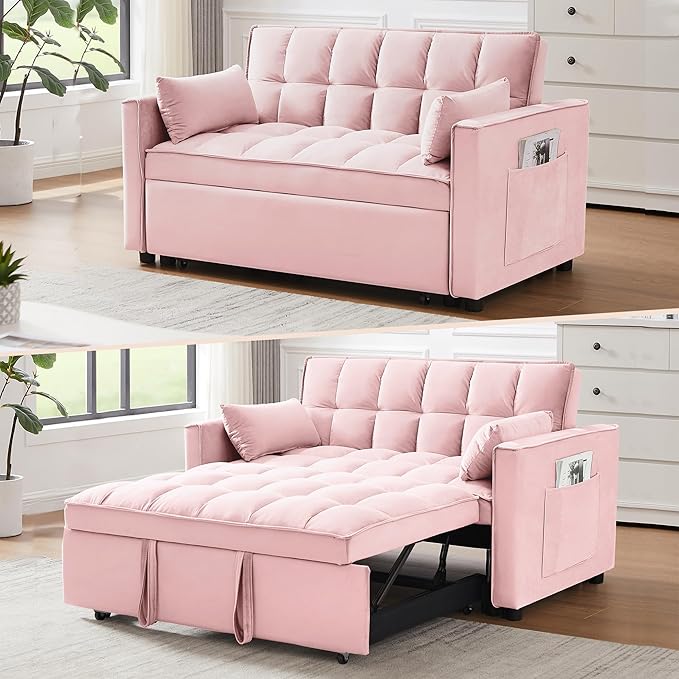 Wakefit 3 in 1 Convertible Sleeper Sofa Bed Futon Couches for Living Room with Side Pocket | Adjustable Backrest| Velvet Fabric | Pull Out Couch | Recliner Loveseat | Sectional Sofa Pink
