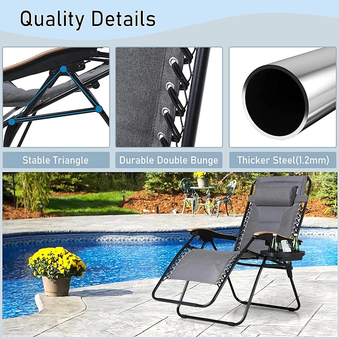 PHI VILLA XXL Oversized Padded Zero Gravity Chair Set of 2 Foldable Patio Recliner 30 Wide Seat Anti Gravity Lounger with Armrest and Cup Holder Support 400 LBS (Light Gray)