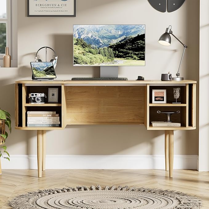 55 Modern Writing Desk with Sliding Doors Wood Home Office Desk with Storage Computer Desk for Study Living Room Dorm Natural