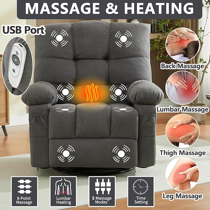 Massage Recliner Chair with Vibration Massage and Heat Recliner Lounge Chair for Living Room with Cup Holder and Side Pocket Recliner Chair for Adults (Grey)