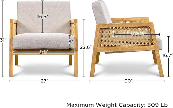 Topeakmart Accent Chair Armchair with Rattan Sides Modern Barrel Chairs for Living Room Bedroom Set of 2 Beige