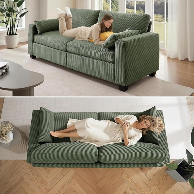 Modern Loveseat Sofa for Living Room Removable Cover Spring Cushions Solid Wood Frame Wide Armrest Corduroy Fabric Recliner Couches for Small Space (Green Corduroy 81 inch)