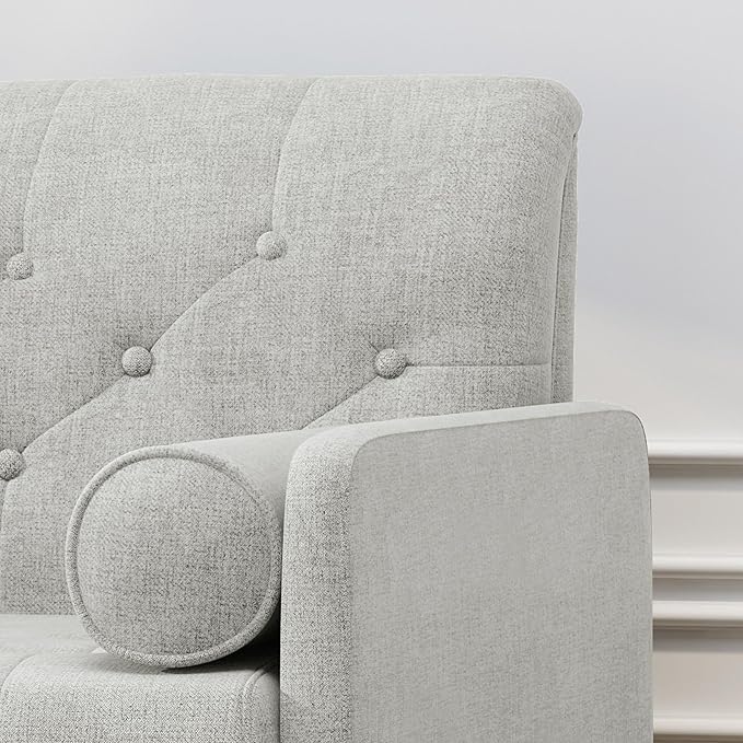 38 Comfy Chair and A Half with Button Tufted Backrest Round Armrest Pillows Mid Century Modern Oversized Accent Chair with Wood Legs for Living Room Bedroom or Small Spaces (Light Grey)
