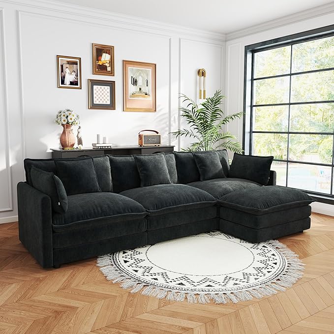 Spacious Modular Sectional Sofa with Movable Ottoman - Oversized 3-Seater Deep Seat Couch for Living Room Apartment - Flexible L-Shape Configuration for Family Gathering or Guest Bed (111.5 inch-L)