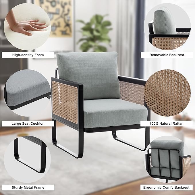 WENTMENT Rattan Accent Chairs Set of 2 Sofa Chair with Natural Rattan Armrest and Removable Backrest Upholstered Living Room Chair Lounge Chair for Reception Room/Hosting Room/Bedroom(Grey)