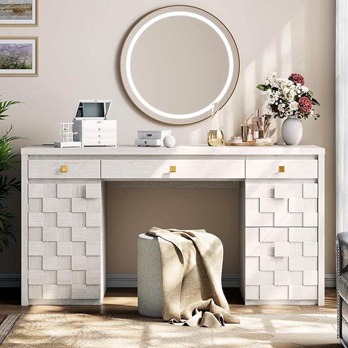 58 Executive Desk with Drawers Home Office Desk with Charging Station &amp Keyboard Tray Wood Office Desk with File Drawer &amp Storage Cabinet Modern Computer Writing Desk with Adjustable Shelf