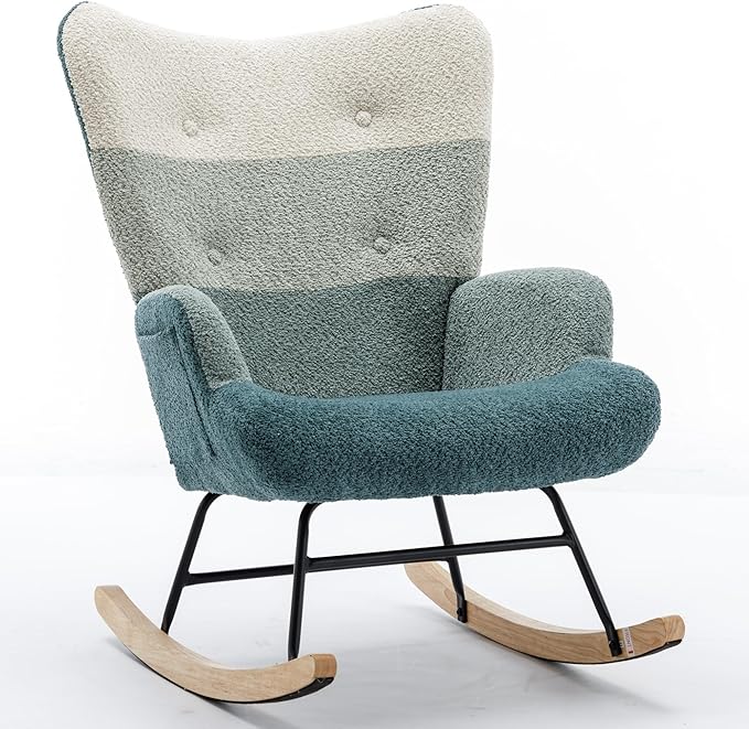 Modern Patchwork Accent Chair with Solid Wood Armrest and Feet Mid-Century Modern Accent Sofa Fabric Sofa Chair for Living Room Bedroom Studio Comfy Side Armchair for Bed (Green+Dark Green)