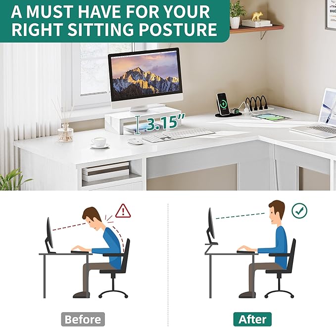 YITAHOME L Shaped Desk with Power Outlets 60 Inch Computer Desk Corner Desk with File Drawer Home Office Desk with Monitor Stand &amp Storage Shelves L-Shaped Desk with File Cabinet White