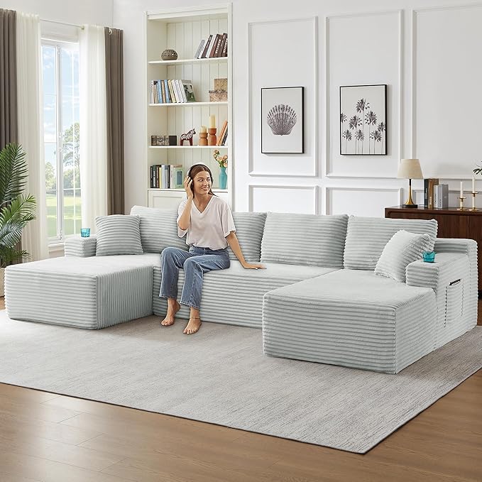 133.5 Modular Sectional Sofa with Movable Chaises Boneless Couches with Cup Holders for Living RoomOversized U Shaped Sectional Couch Modern Cloud Corner Sofa with Storage 6 Seater- Gray