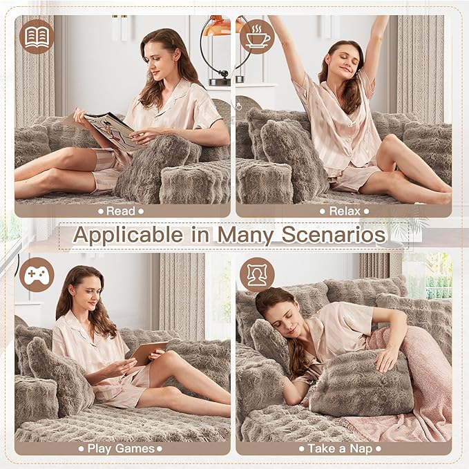 56 W Oversized Chaise Lounge Chair IndoorPlush Faux Fur Sleeper Couch Sofa Bed with PillowsFluffy Comfy Cloud SofaCompression Foam Boneless Couch for Living RoomBedroom(Bubble Brown)