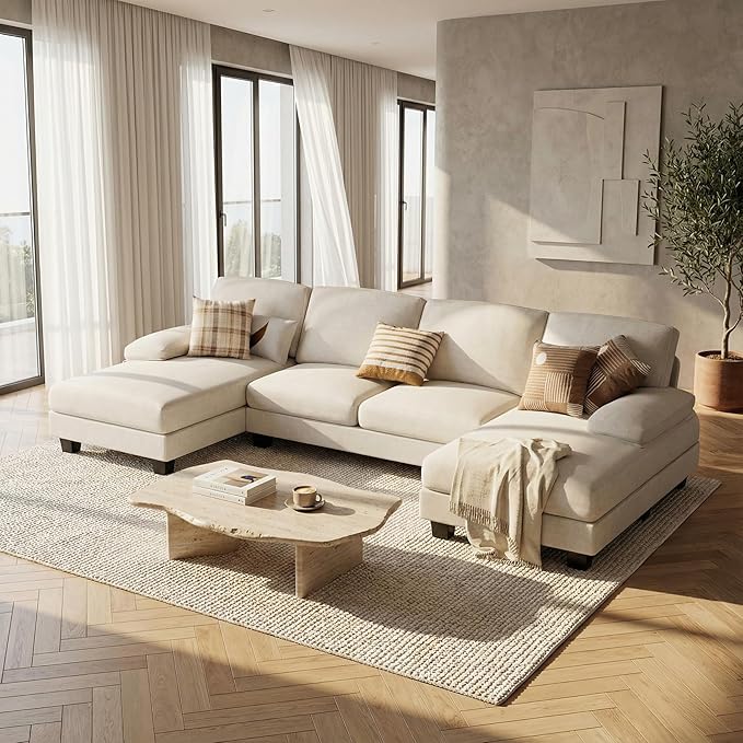 Homall Modular Sectional U Shaped Sofa Couches for Living Room Comfy Chenille 4 Seat Sofa Set with Removable Pillows Lounge Chaise Upholstered Couch for for Apartment (Chenille White)