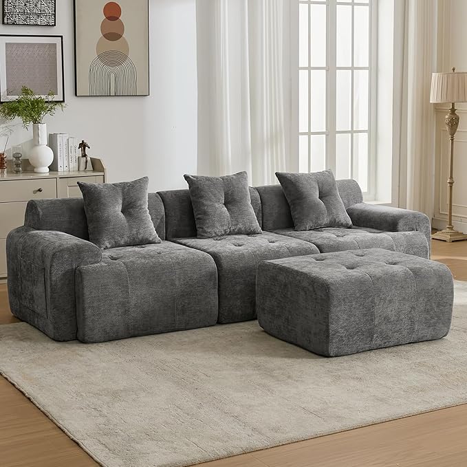 101.65” Modular Sectional Couch for Living Room Modren L-Shape Cloud Sectional 3-Seater Sofa with Movable Ottoman Woven Texture Upholstery Boneless Couch No Assembly Grey