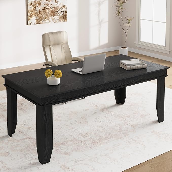 71 Inch Executive Desk Large Black Computer Desk with Sturdy Thick Legs Modern Farmhouse Home Office Desk 180cm Spacious Writing Table for Study Professional Workstation Furniture Rectangular