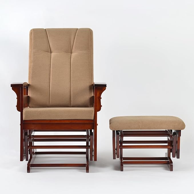 Solid Wood Glider Rocking Chair and Ottoman Set Rustic Nursery Glider Rocker with Padded Cushion Smooth Rocking Motion Indoor Living Room NursingNappingReading Coffee