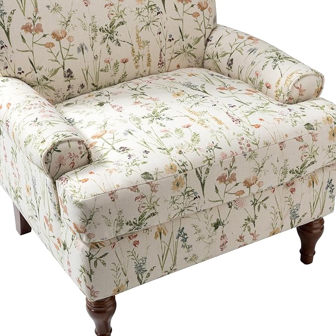 Vintage Floral Accent Chair with Solid Legs &amp Removable Cushion Comfy Upholstered Armchair Leisure Single Sofa Chair for Living Room/Bedroom Spring