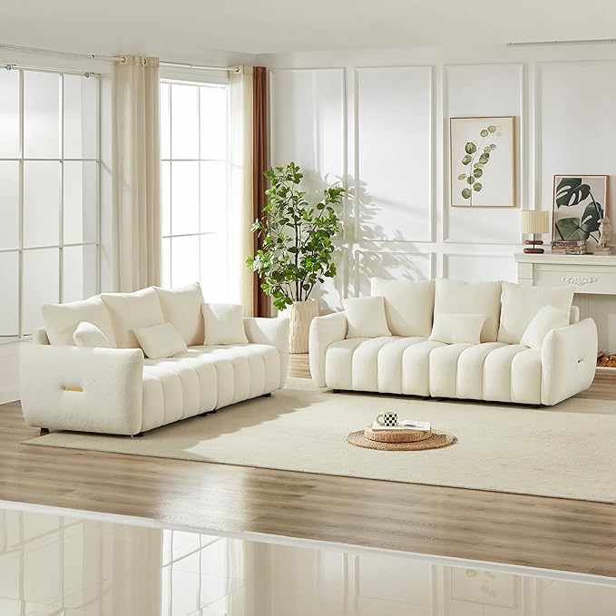 Teddy Cloud Sofa Couch Comfy Upholstered Sherpa Deep Seat Boucle Sofa Cozy Modern 3 Seater Couch with 3 Pillows Oversized Loveseat for Living Room Apartment Office Beige White