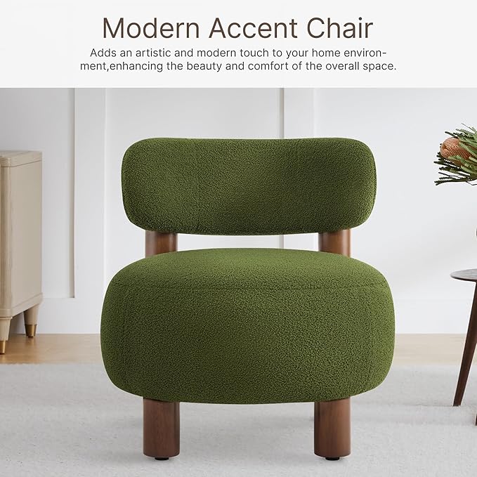 Modern Boucle Accent Chair Set of 2 with Plush Faux Sherpa Upholstery Curved Backrest Solid Wood Legs for Living Room Bedroom Reading Nook 27.5 Green