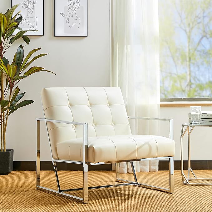 Glitzhome Mid Century Modern Accent Chairs Set of 2 Modern Living Room Chairs with Durable Metal FramePU Leather Cushioned Reading Armchairs for Living Room Bedroom Home Office Off White
