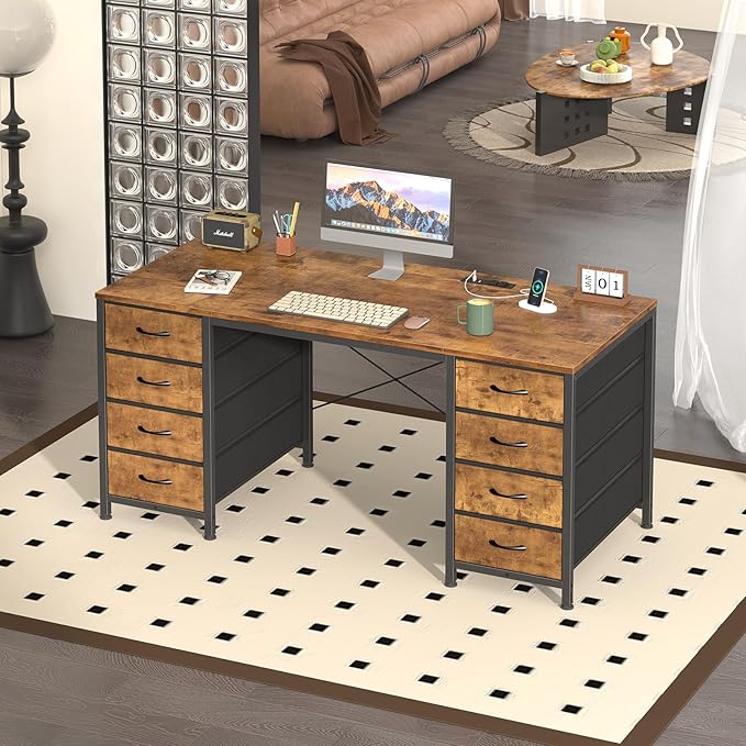 50 Inch Computer Desk with 8 Drawers Home Office Desk with Power Outlets Work Study Gaming Desk with 8 Fabric Drawers Rustic Brown