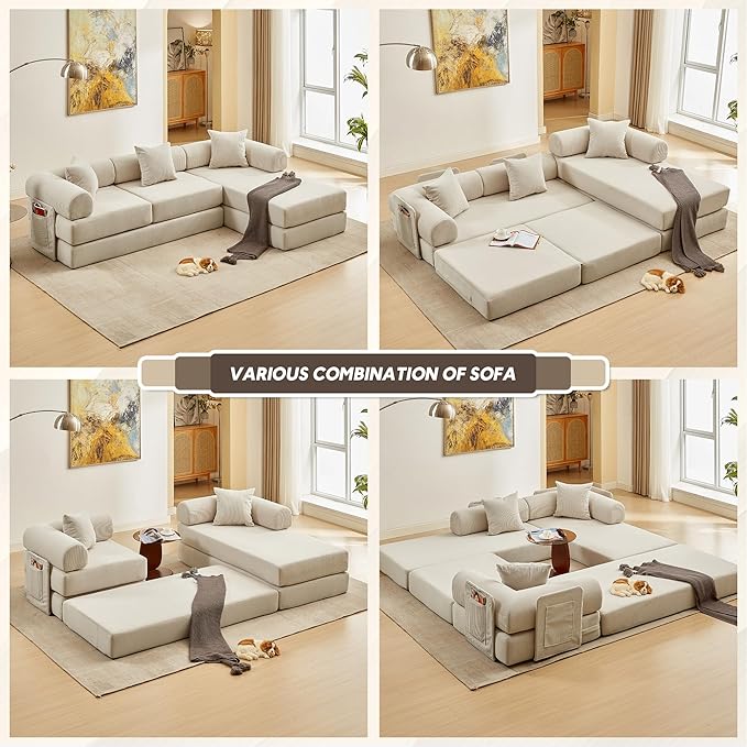 L Shaped Convertible Modular Sofa Bed with Cylindrical Pillow &amp Reversible Chaise Corduroy Folding Floor Sofa Couch Bed with Fixed-Shape Frame &amp Storage Pocket for Living Room Beige