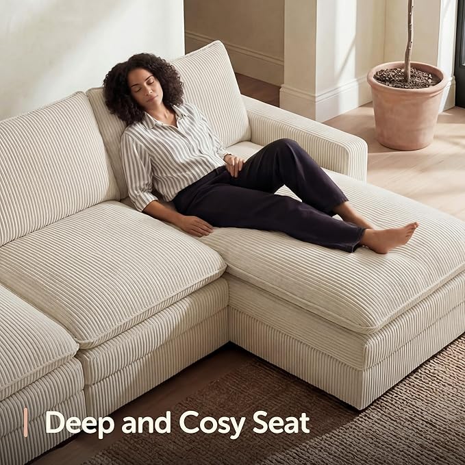 HONBAY 97.6 Inch Corduroy Cloud Modular Sectional Sofa with Chaise Deep Seat L-Shaped Couch with Storage for Living Room Apartment Small SpaceBeige