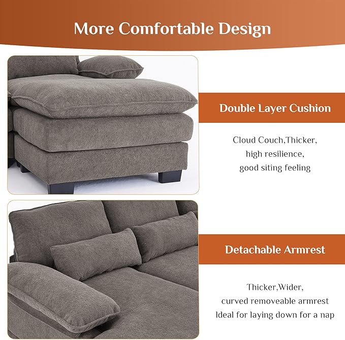 OUYESSIR 113 U Shape Sectional Cloud Couch with OttomanFluffy Sectional Couches for Living Room4 Seater Modular Sectionals SofaComfy Cloud Sofas &amp Couches with 4 PillowsGrey