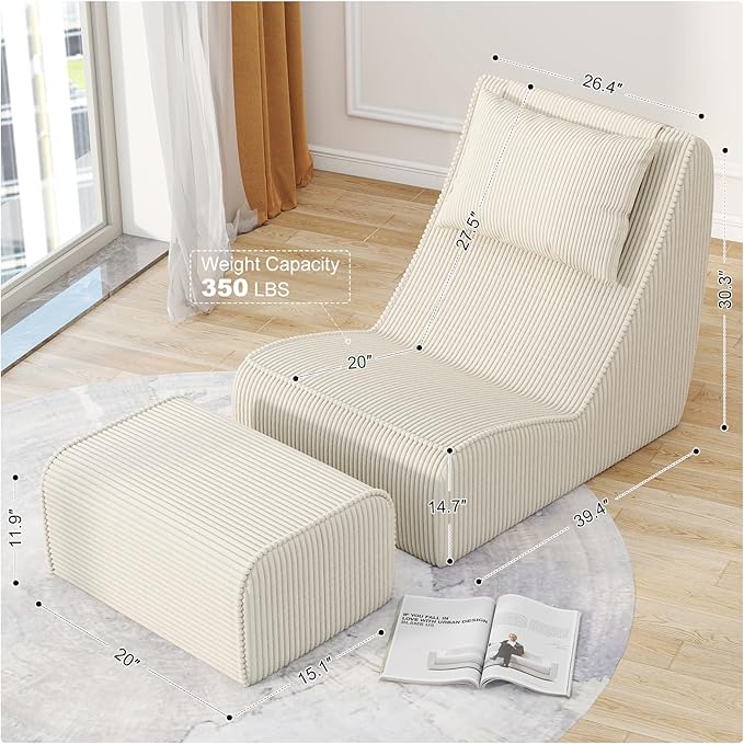 Giant Bean Bag Chair for AdultsCorduroy Chaise Lounge with Unrivaled Back Support Detachable Neck Pillow Comfortable Ottoman &amp Washable Cover for Living Room Bedroom Garden(White)