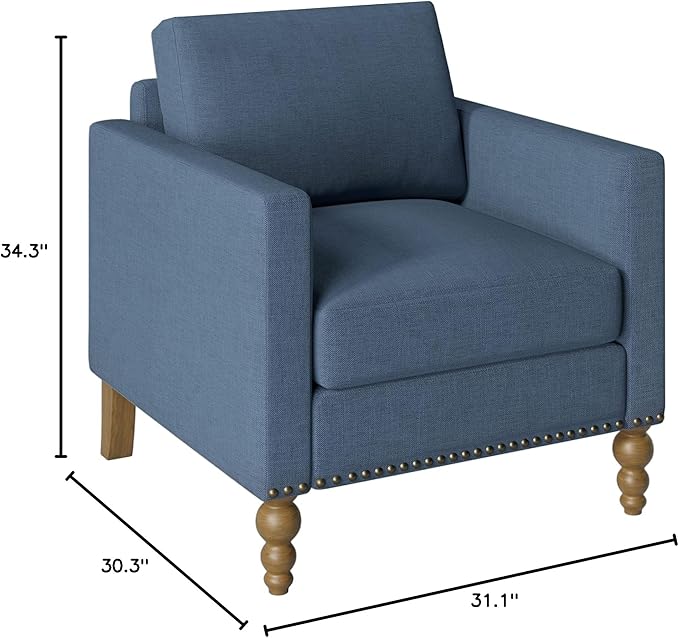 Classic Linen Armchair Accent Chair with Bronze Nailhead Trim Wooden Legs Single Sofa Couch for Living Room Bedroom Balcony Navy Blue