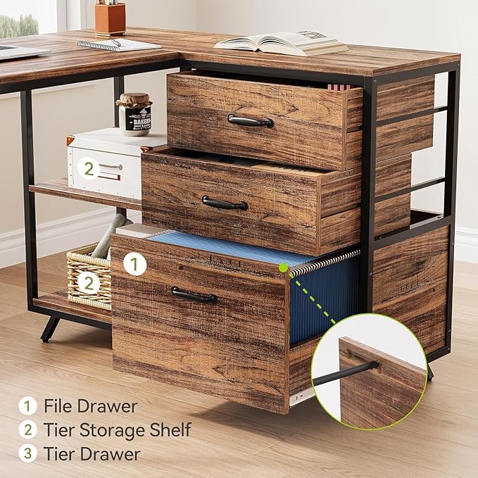 LITTLE TREE Reversible 53-inch L Shaped Desk with 3 Drawer Farmhouse Corner Desk Gaming Table with Shelves and File Cabinet for Letter Size &amp Legal Size File for Home Office and Small Space Brow