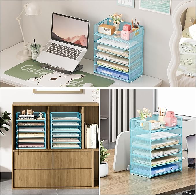 Subekyu 6 Tier Office File Paper Desk Tray Organizer with Handle Stackable Slide Mesh Letter Tray Folder Blue Desk Organizer Desktop Document Sorter for Classroom Office Home Supplies Storage